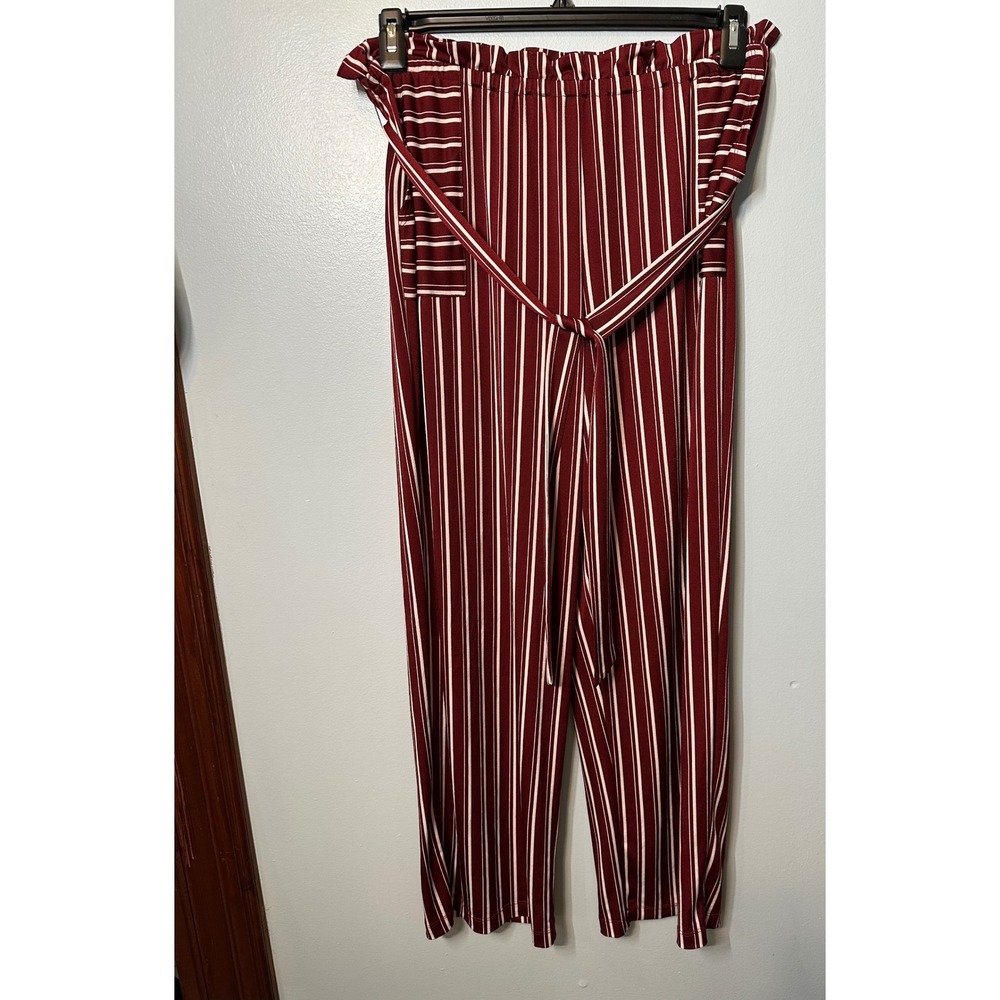 AUW Womens Burgundy White Striped Paperbag Waist Wide Leg Pants Large Belted